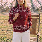 Knitted stand collar zip-up cardigan - women's casual long sleeve sweater - red