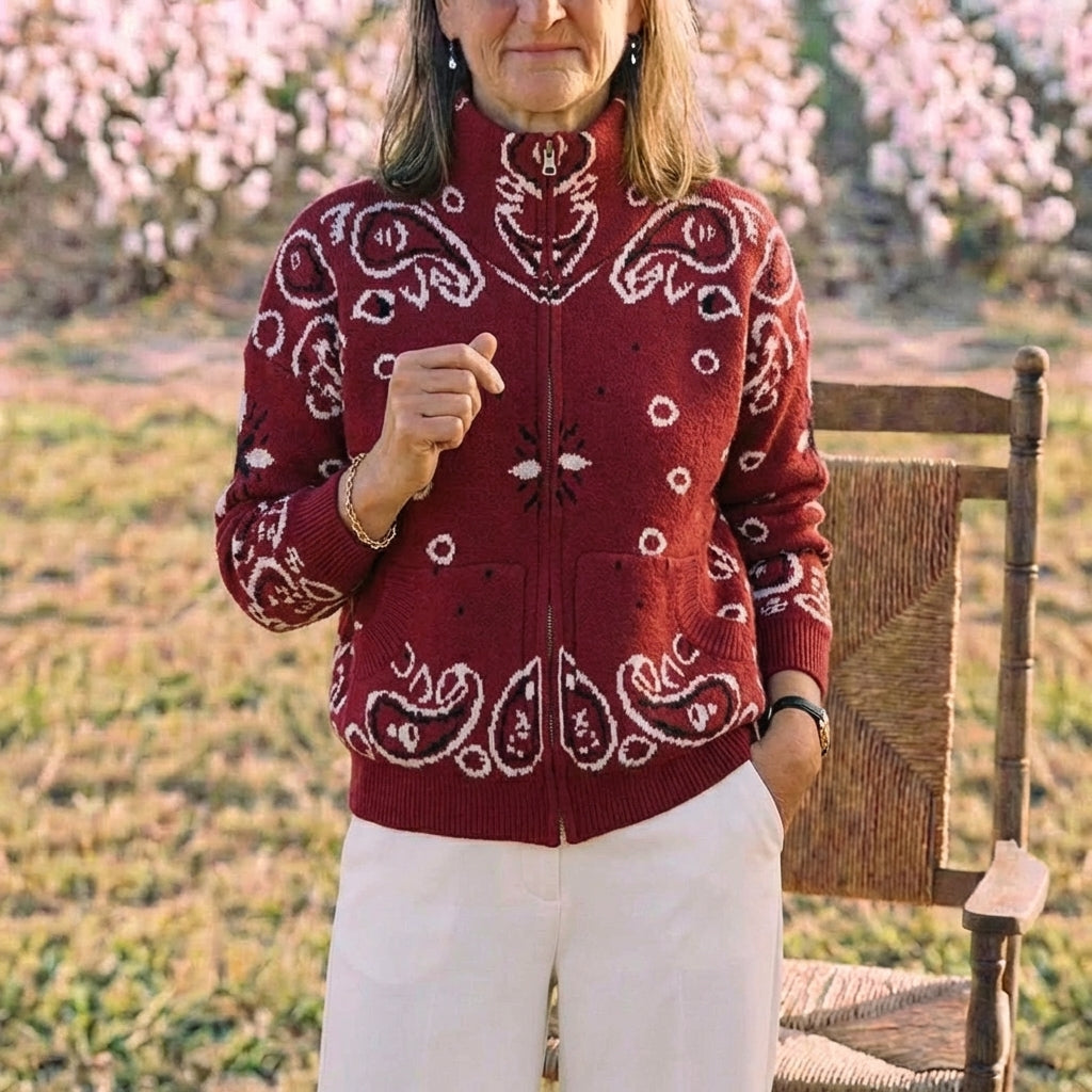 Knitted stand collar zip-up cardigan - women's casual long sleeve sweater - red