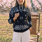 Knitted stand collar zip-up cardigan women's casual long sleeve sweater - navy blue
